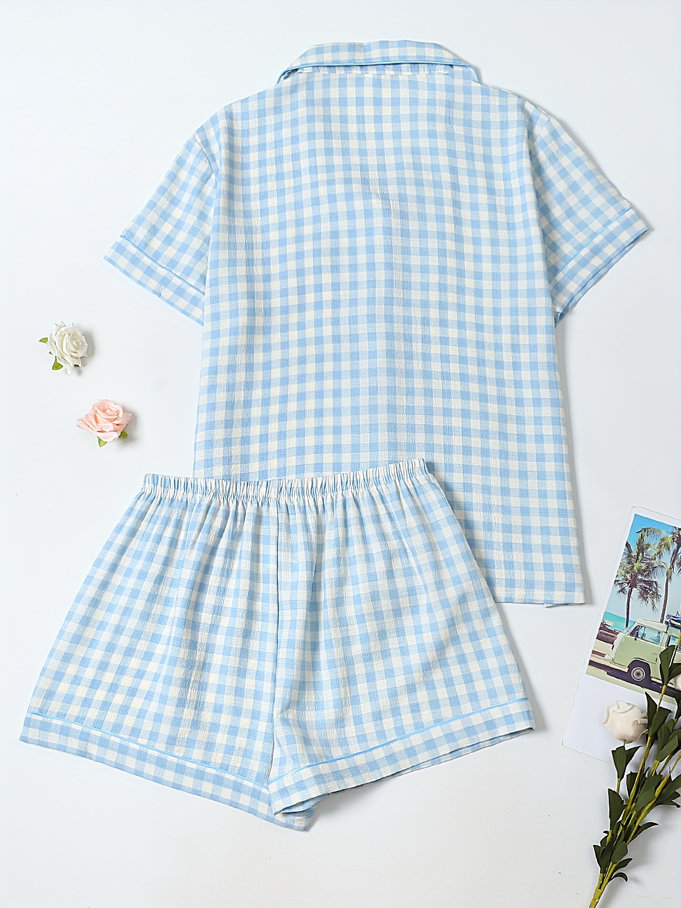 womens casual gingham pajama set short sleeve blouse with button up shorts with bow detail soft breathable fabric for spring summer relaxed fit casual wear gingham pattern short sleeve top gingham pajamas Product details 1