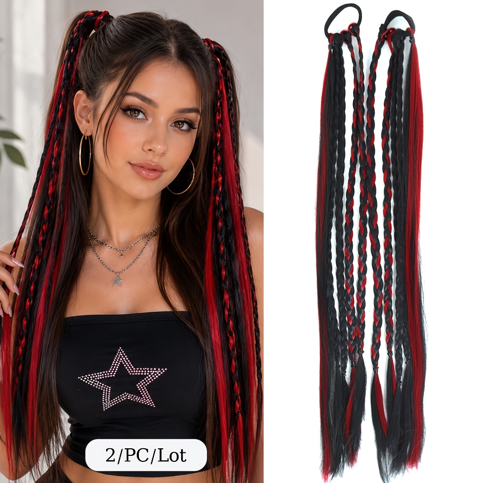 TEMU 2pcs Synthetic Elastic Boxing Braids Ponytail Hair Extension Heat Resistant Fiber Red Black Mixed Braided Hair Tie Ponytail Wig Festival Women
