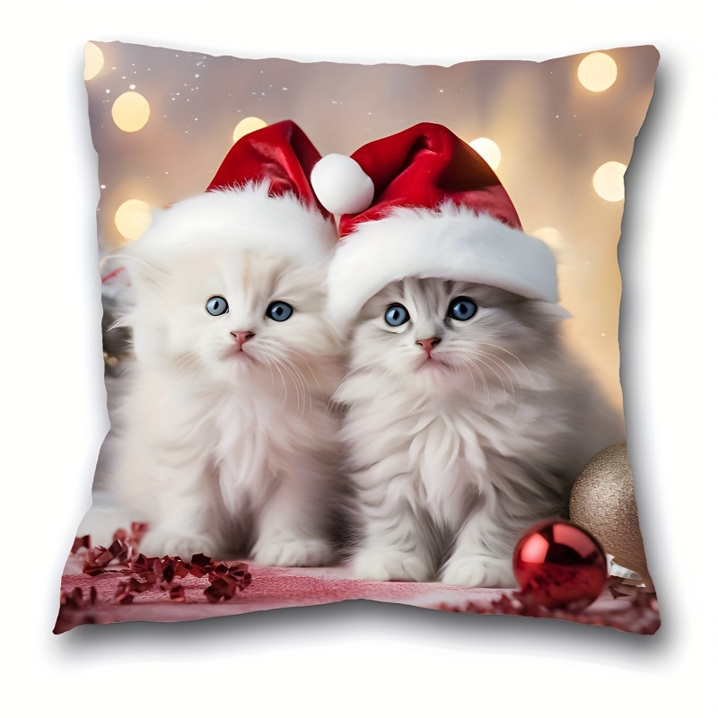 

Boho-chic Christmas Cat Print Short Plush Pillowcase 17.7"x17.7" - Machine Washable, Zip Closure, Polyester, Living Room & Bedroom Decor