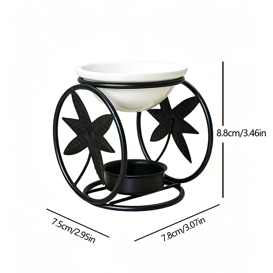 TEMU Chauffe-cire à en fer noir avec cadre de feuille d'érable, support métallique rond et creux avec bol en céramique blanche, brûleur de bougies