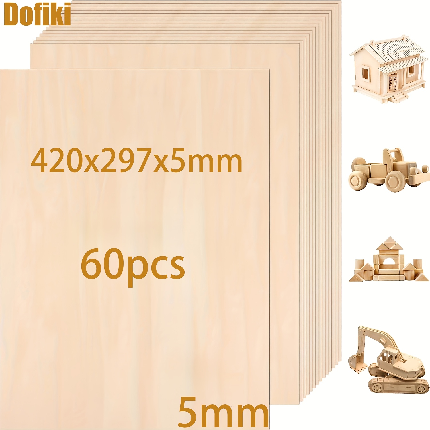 Image of Dofiki 30/45/60pcs Basswood Plywood 420x297x5mm, A3 Handmade Wooden Board, 5mm Basswood Plywood, Suitable For Laser Projects, Painting, Diy Models And Wooden Boards For Crafts