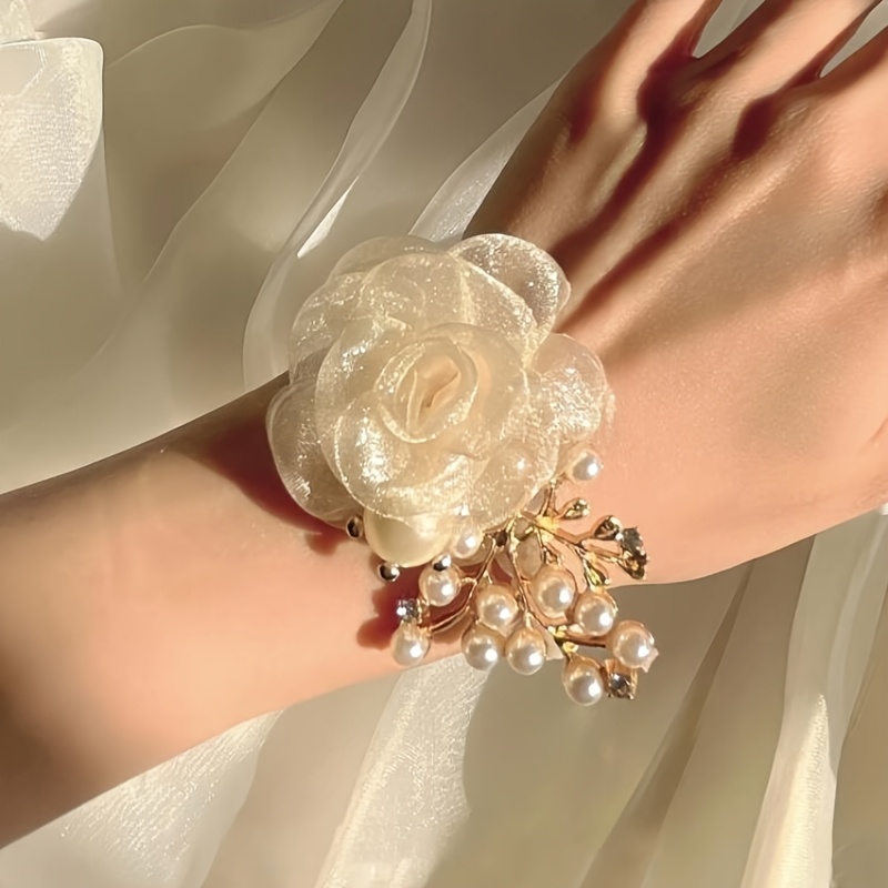 Image of 1pc Bridal Bridesmaid Wrist Corsage With Faux Flowers, Wedding Hand Flower And Pearl Bracelet, Sweet Gift For The Attendants, Perfect For Photo Shoots And Weddings