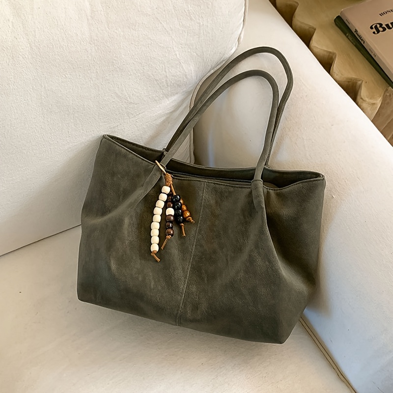 TEMU Vintage-style Women's Shoulder Tote Bag In Multiple Color Options, Made Of Suede. Featuring A Retro And Elegant Look With Beaded Charms, This