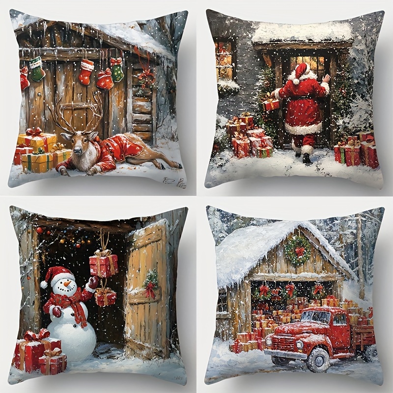 

4pcs Christmas Pillowcase Set - Santa, Snowman & Reindeer Designs | 17.7" Square Zippered Covers For Sofa Decor | Soft Polyester Home Accessories (inserts Not Included)