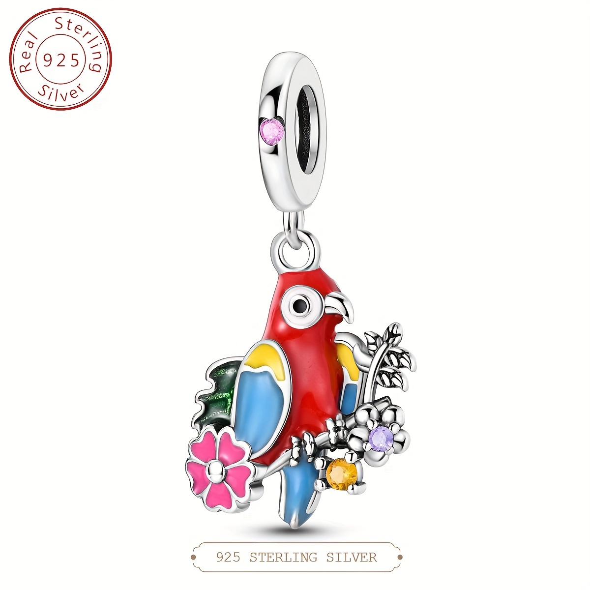 

Colored Enamel S925 925 Sterling Silver Parrot With Flower Dangle Charm Beads Fit For Original Bracelet Bangle Diy Fine Jewelry Making Gift