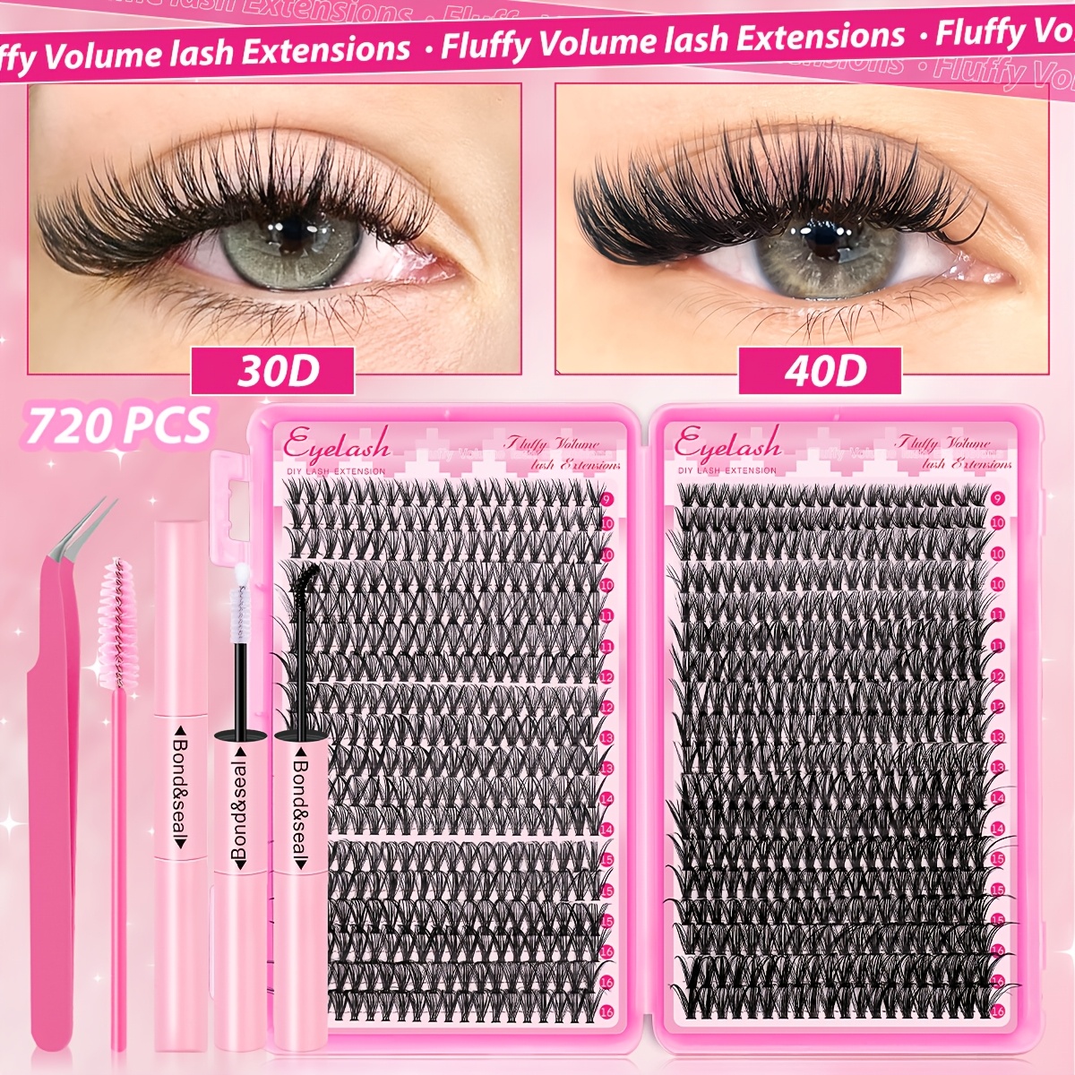 Image of 800/720/200pcs Lash Clusters Eyelash Extension Kit, 2-in-1 Lash , Tweezers, Lash Brush, 30d 40d 60d 80d 9-16mm Mix Lash Clusters For Beginner 3d Effect For Daily Wear Party Halloween Christmas
