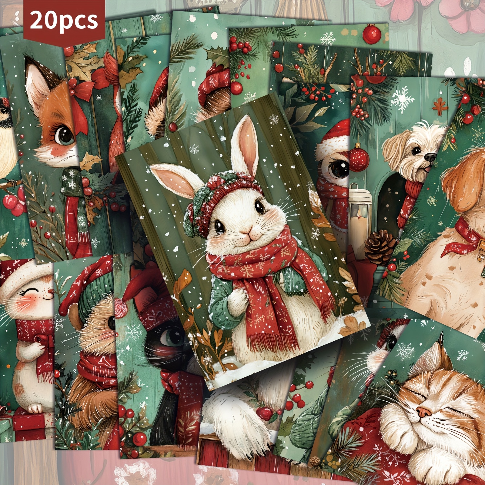 TEMU 20 Confezione di Cartoline Natalizie con Animali Invernali - 4x6 Pollici, Carta per Junk Journal, Illustrazioni Pinup , Carte Decorative da per