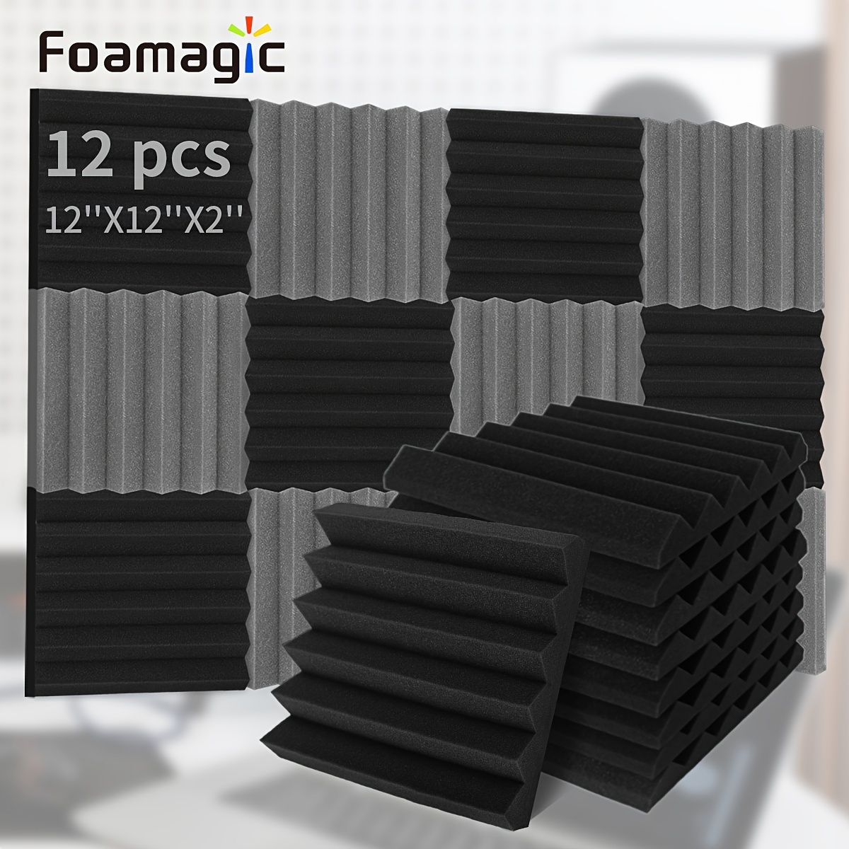 

Foamagic 12pcs Black Acoustic Panels - Sound Absorbing Wall & Ceiling Stickers, 12"x12"x2", Ideal For Bedrooms, Offices, Recording & Rooms