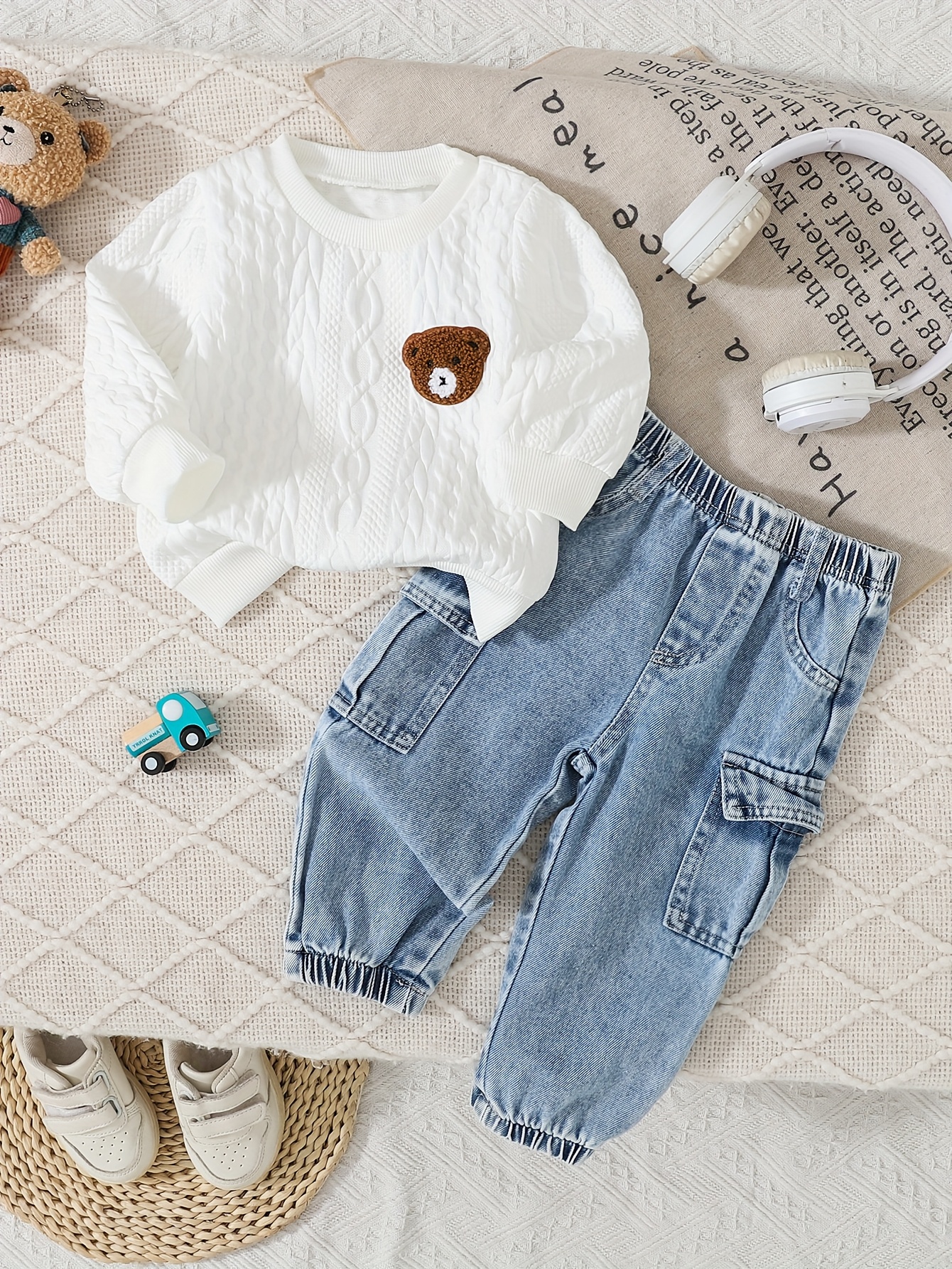 2pcs winter outfit set   patch sweater fringe hem jeans with elastic waist brown bear pocket pants machine washable clothes autumn winter casual playwear   outdoor Product details 20
