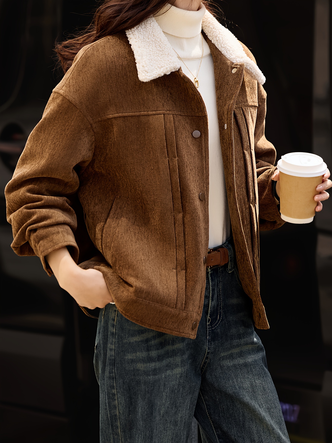 mo women's casual corduroy jacket sheepskin collar - Temu Canada