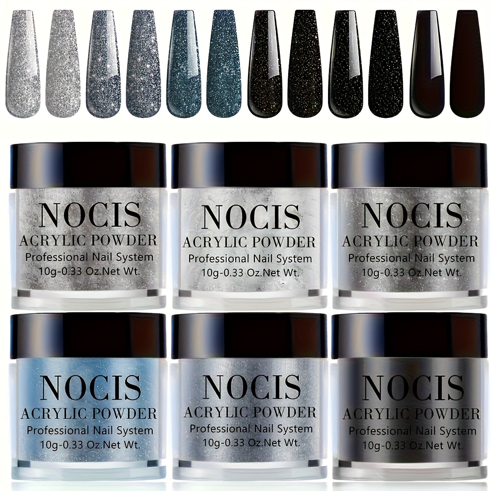 TEMU 6 Colors Acrylic Nail Powder Kit - Sage Green, Mist Blue, Light Grey, Dark Olive, Matcha Avocado & 3d Glitter-like Powder (no Lamp Needed) For