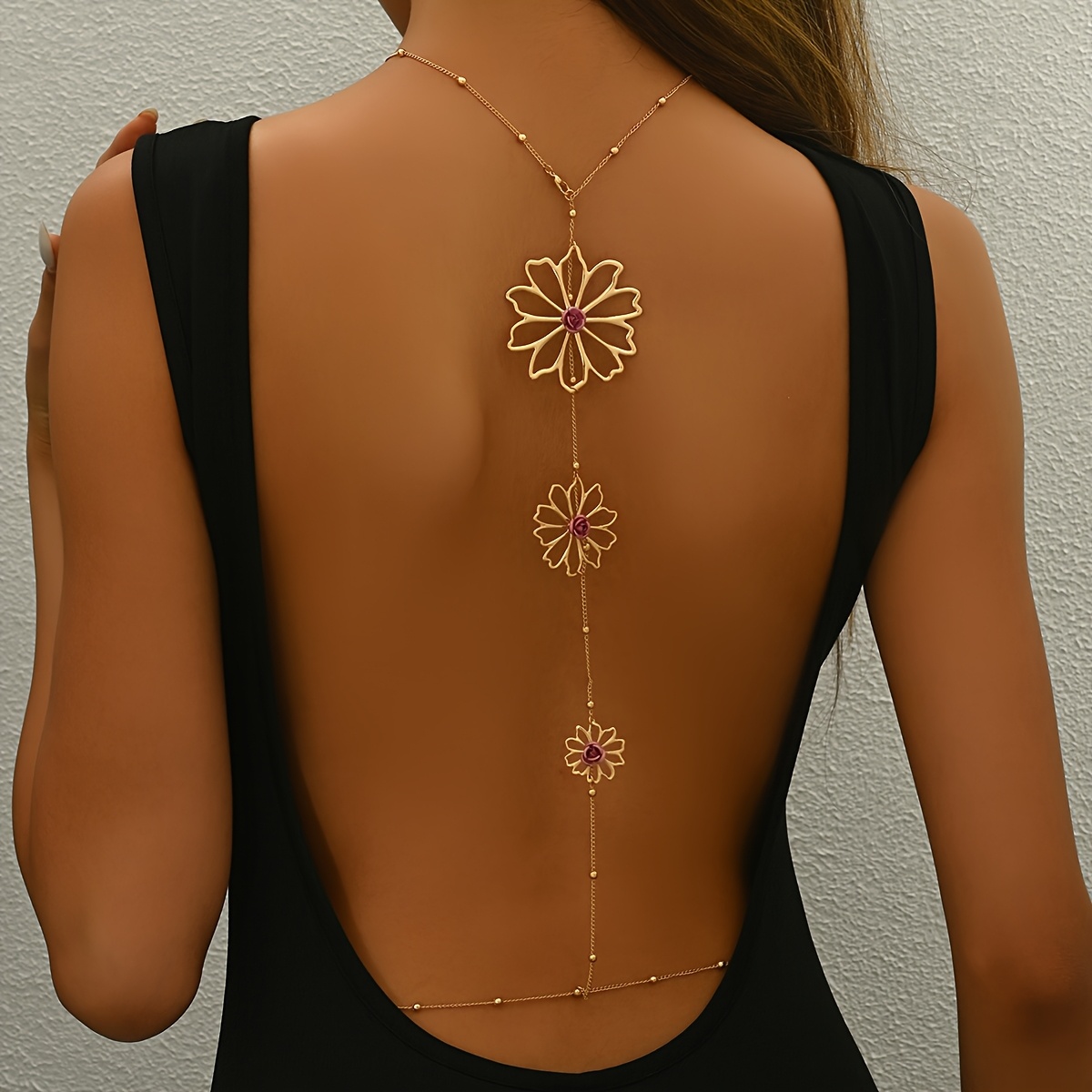 Image of 1pc New Summer Elegant Women's Body Chain Back Chain Fashion Exaggerated Hollow Flower Bean Chain Necklace Waist Chain -one Chain Daily Party Versatile Jewelry