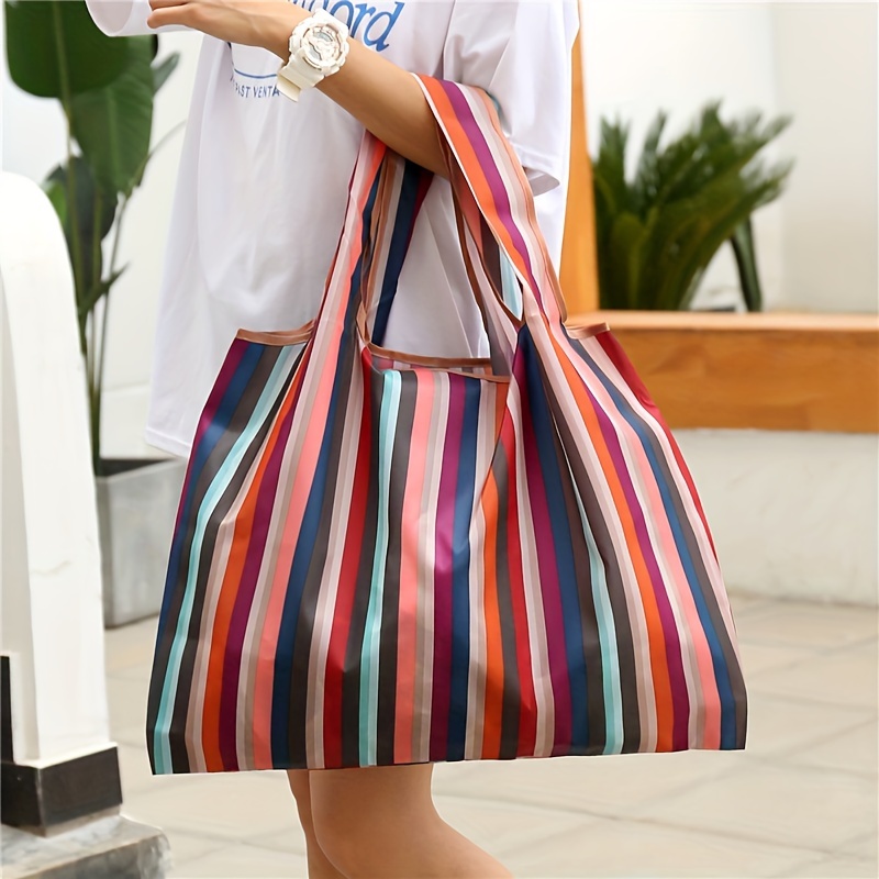 

High-quality, Stylish Striped Nylon Shopping Bag - Large, Foldable & Portable Grocery Tote With Shoulder Strap For Men And Women - Supermarket, Travel & Outdoor Use, Reusable Grocery Shopping Bags