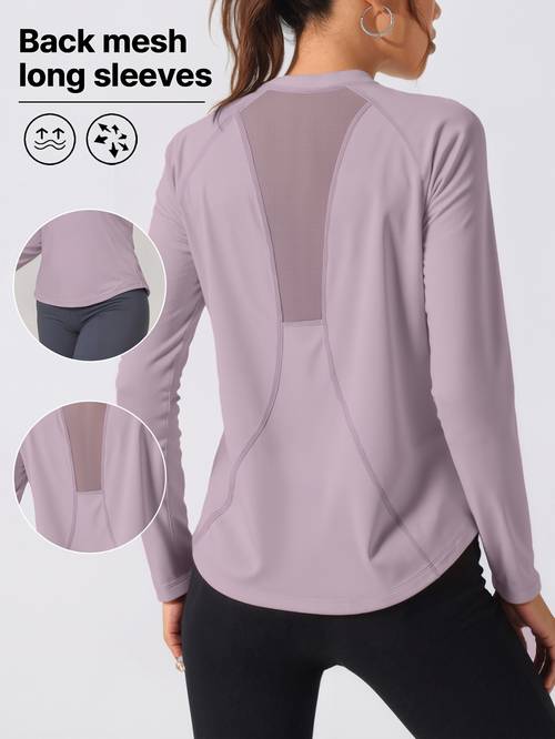 camiseta deportiva de larga para mujer, panel de malla transpirable en la espalda, ideal para fitness, yoga, ciclismo, yoga y running