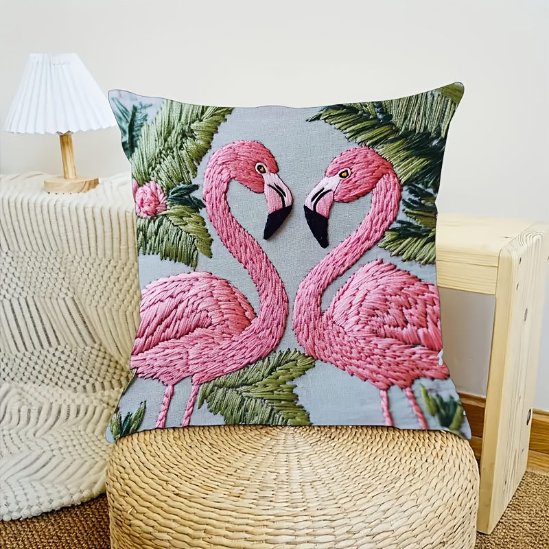 TEMU 1pc 2d Flat Print Vintage Flamingo Pattern Pillow Cover, Single-sided Print 18x18 Inches, Pink Geometric Pattern, 100% Polyester, Machine