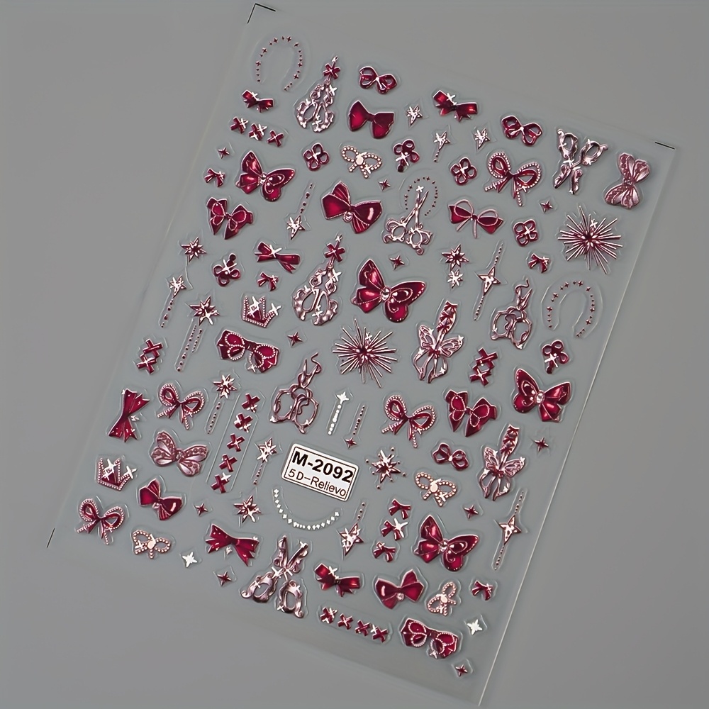 5d Embossed Nail Stickers Red Bow Three-dimensional Back Glue Nail Stickers Valentine's Day