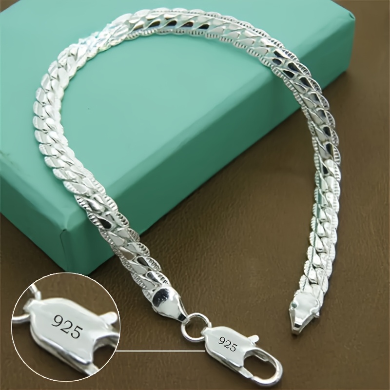 

1pc Vintage Elegant 925 Silver Plated Alloy Flat Chain Bracelet, 6mm, Unisex Silver-plated Jewelry For Casual And Formal