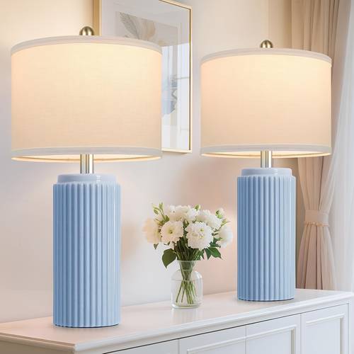 set of 2 ceramic table lamps bedside lamps with white linen shades vintage rustic nightstand lamps for bedroom living room home office end table dorm
