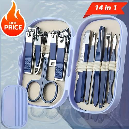 14pcs stainless steel manicure and pedicure tool set featuring multi functional nail clippers and manicure tools including a portable storage case unisex nail care kit suitable for daily home
