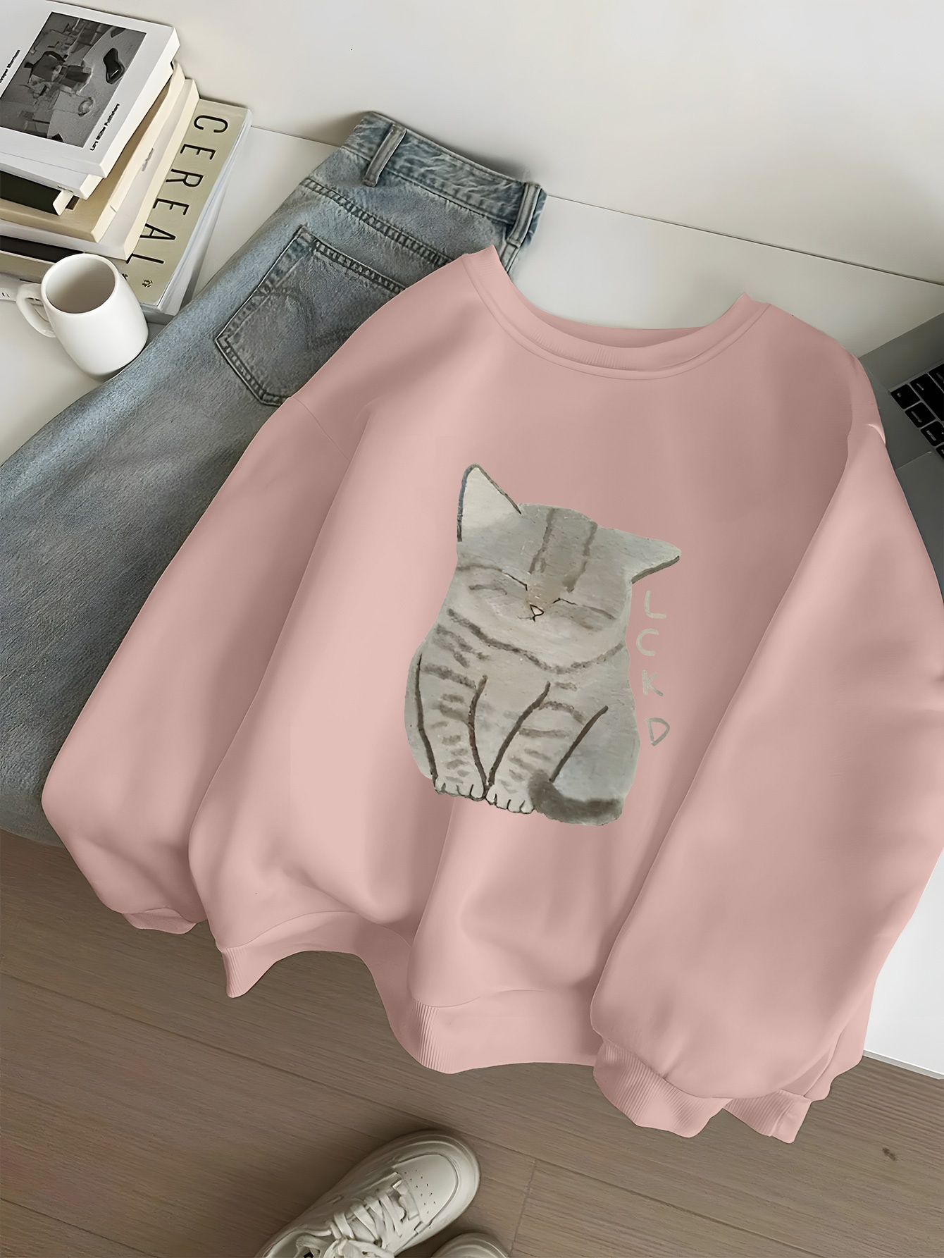 womens cat print sweater soft long sleeve round neck Temu Sweden