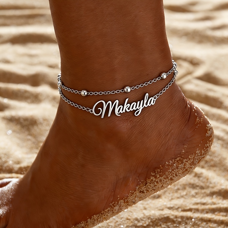 TEMU Custom Name Anklet Stainless Steel Jewelry Personalized Name Double Layer Beach Anklet Bohemian Stackable Suitable For Beach Vacations Music