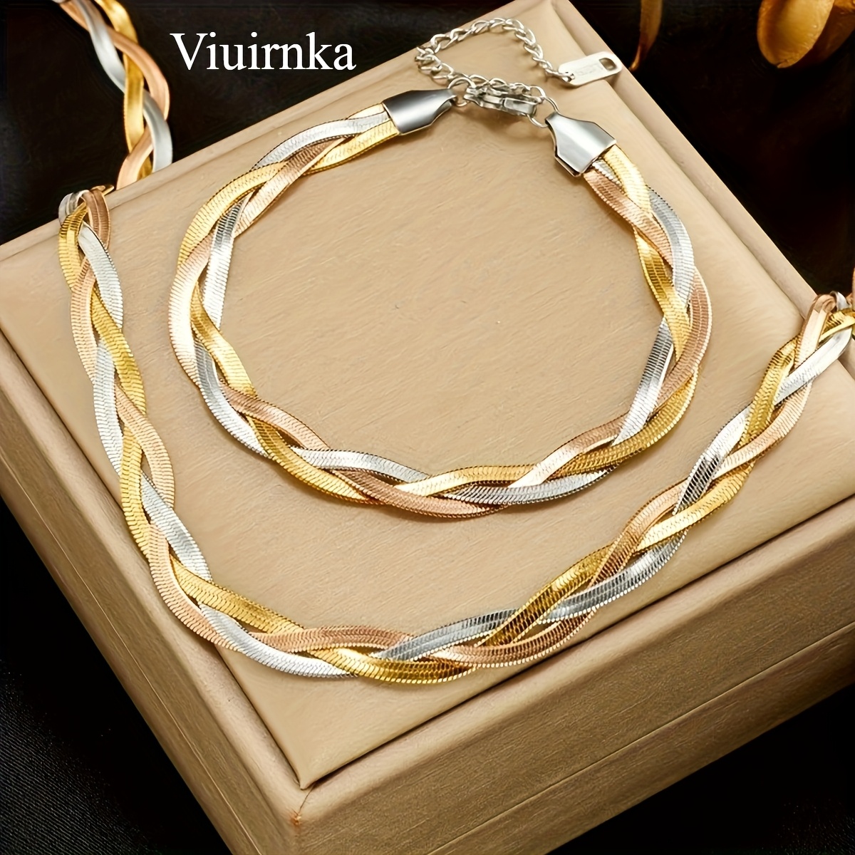 TEMU Stylish Stainless Steel Jewelry Set - 1 Pc Necklace + 1 Pc Matching Bracelet - Vintage Hip Hop Charm For Her - Unique Women's Gift Set With Fashion - Includes Elegant Gift Box