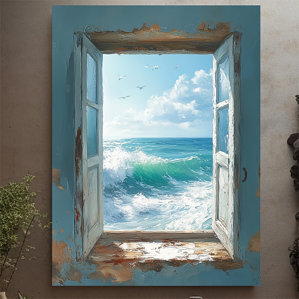 TEMU 1pc Ocean Waves View Canvas Art Print, 12x16inch Scenic From Window Framed Wall Decor, Composite Wood Frame, Hook Type Mounted, Wrapped Canvas