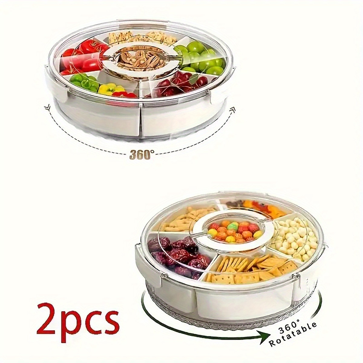 2pcs Rotatable Divider Tray With Lid And Handle, Portable Fruit And Snack, Vegetable And Food Container, Lunchbox Storage Box, Suitable For Kitchen, Camping, Picnic, Kitchen Additions