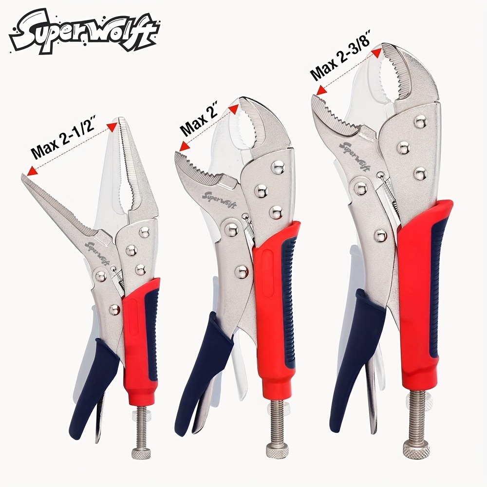 3pcs Locking Pliers Set - 10" Curved, 7" Curved & 6.5" Straight - Durable Carbon Steel Industrial Tools, Adjustable Pliers
