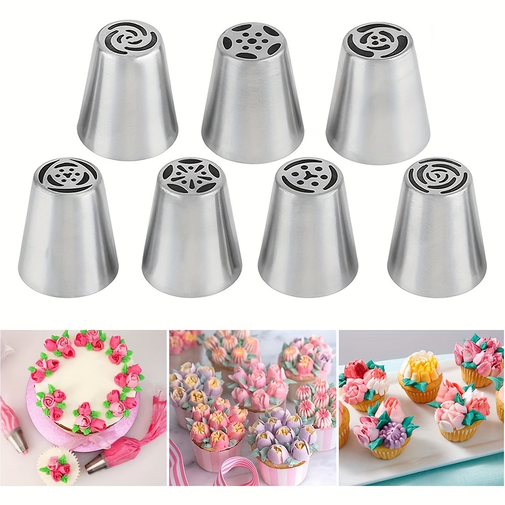 

Stainless Steel Russian Piping Tips Set: Flower Shaped Frosting Nozzles For Pastry, Cupcakes, Cakes, And - Perfect For Christmas, Halloween, And Easter Decorating (7 Pieces)