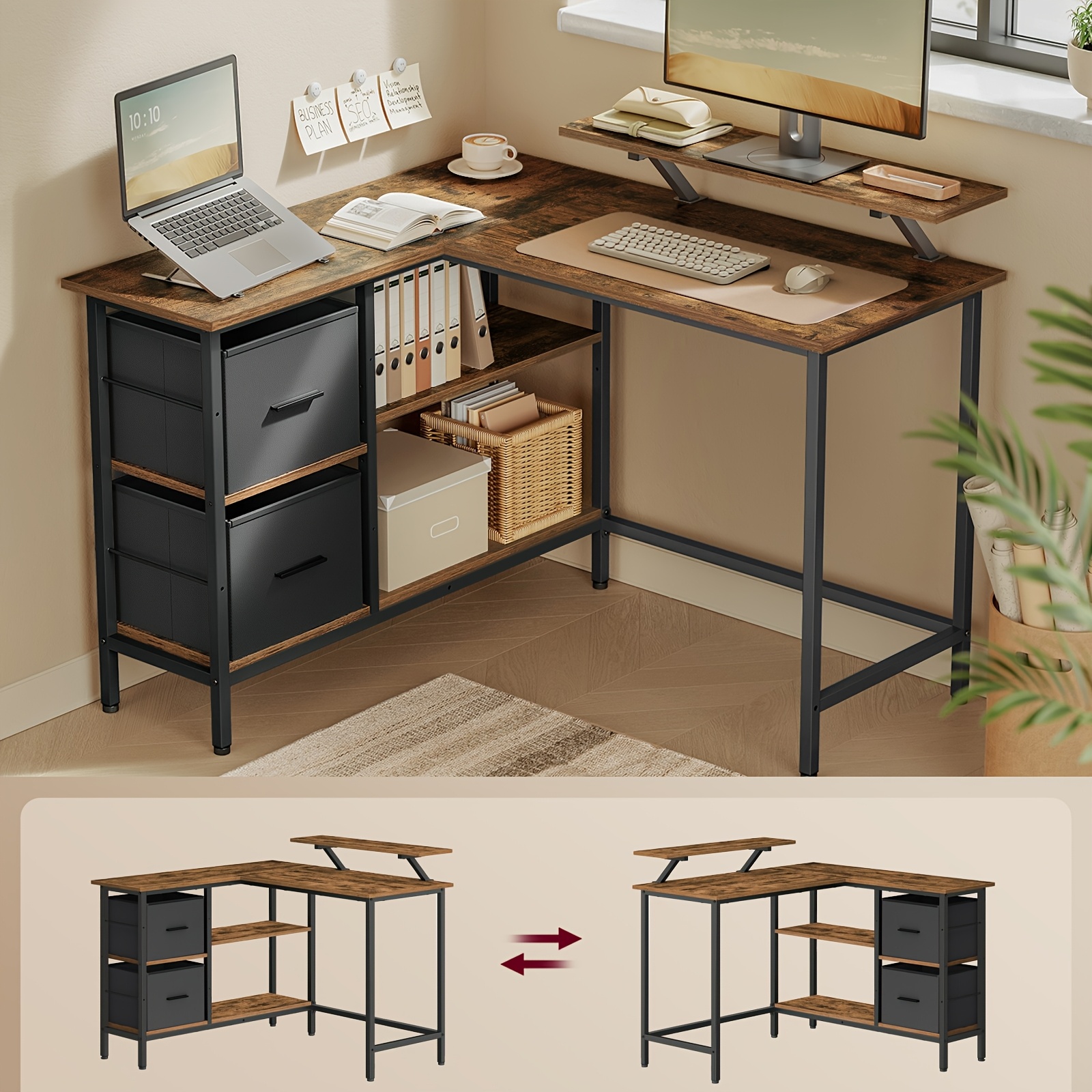 L-shaped Desk With 2 Spacious Drawers Gaming Desk With Monitor Stand Computer Desk With Adjustable Storage Shelf For Home Office Rustic Brown