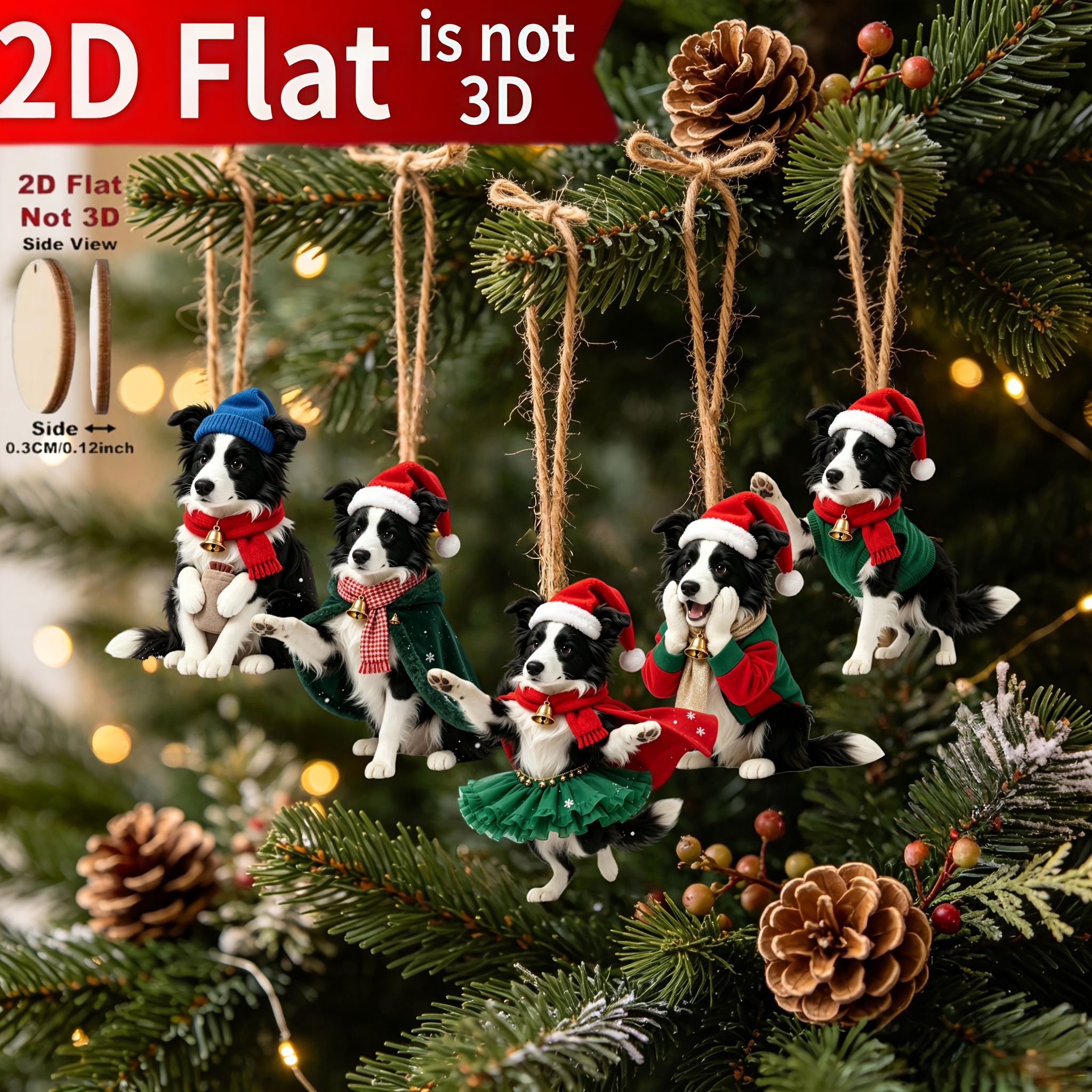 TEMU Décorations de Noël 2D plates, 10 pièces, Collie avec bordure, décorations murales de fête, ornements d'arbre de Noël, convient , idéal pour la