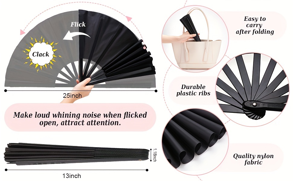 2pcs Large Folding Fan Handheld Nylon Cloth Foldable Hand Fan Chinese Kung Fu Fan Festival Decoration for Party Favors (Black, Simple Pattern) details 2