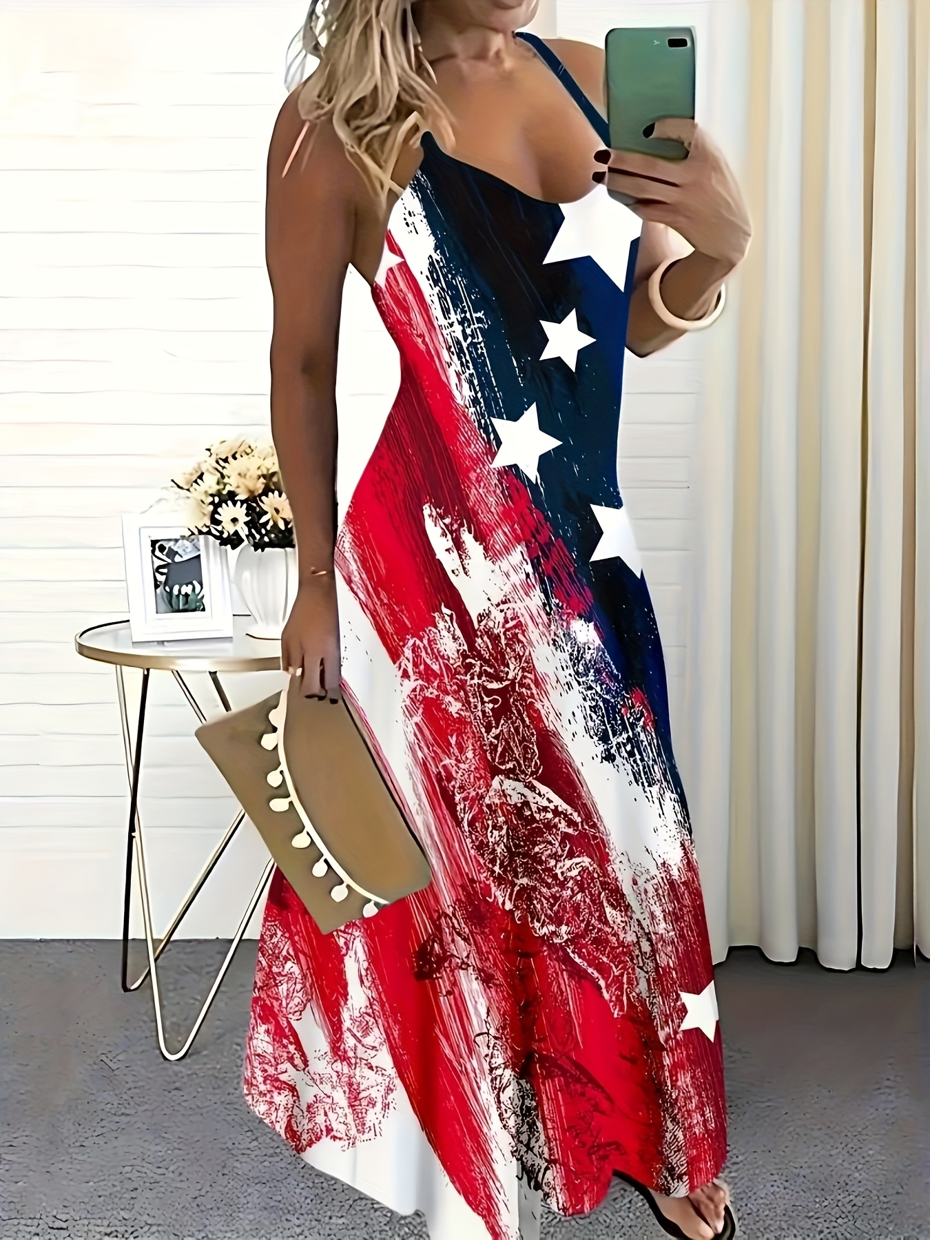womens patriotic american flag print sleeveless v neck dress lightweight breathable a line long dress with   shoulder straps machine washable casual summer dress for spring summer   american flag clothes flowy fabric gown