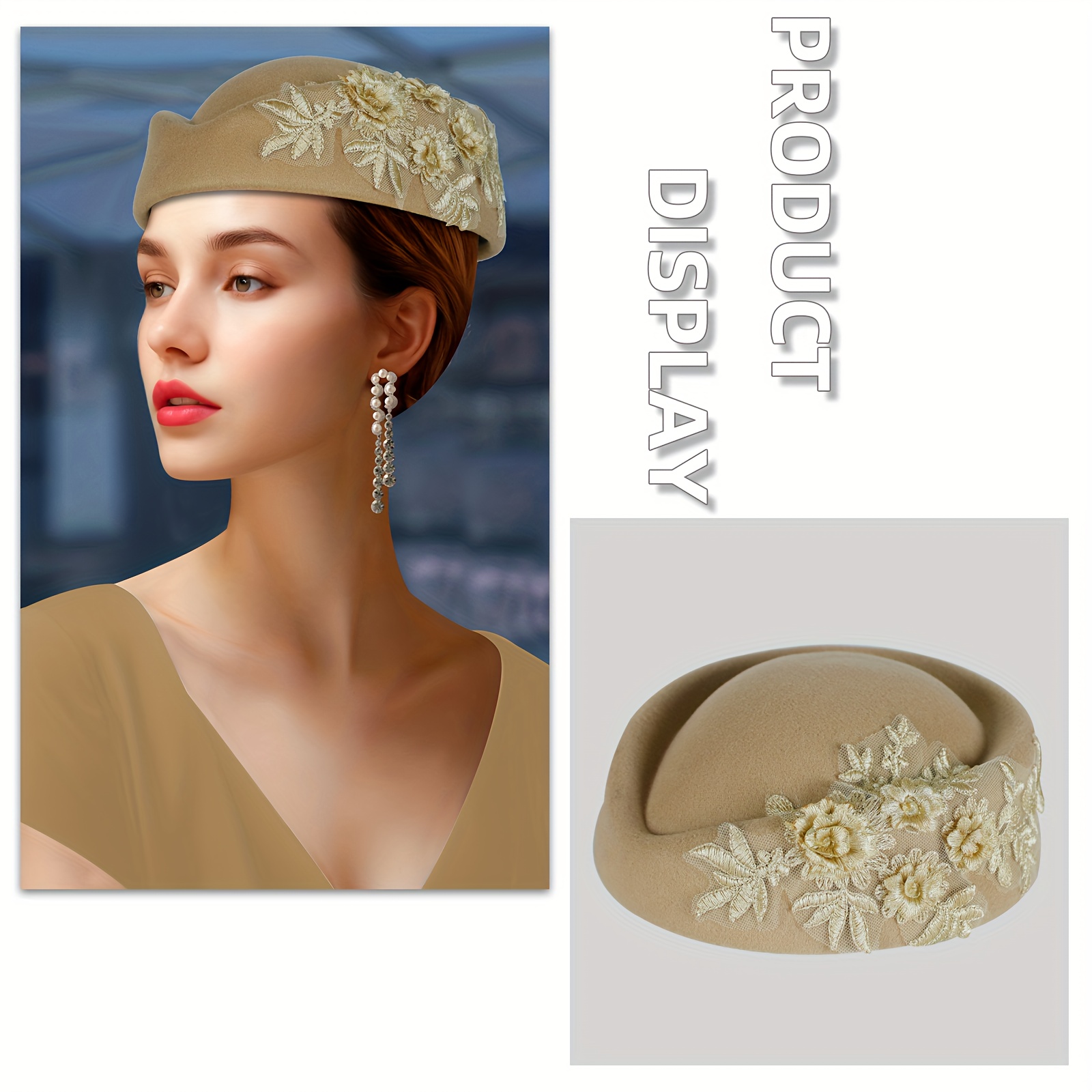 Women\'s British Felt hat Church Derby Headdress Floral Beret hat Khaki Kentucky Derby Hats by Rachel + Kate | Shop now at  main image 4