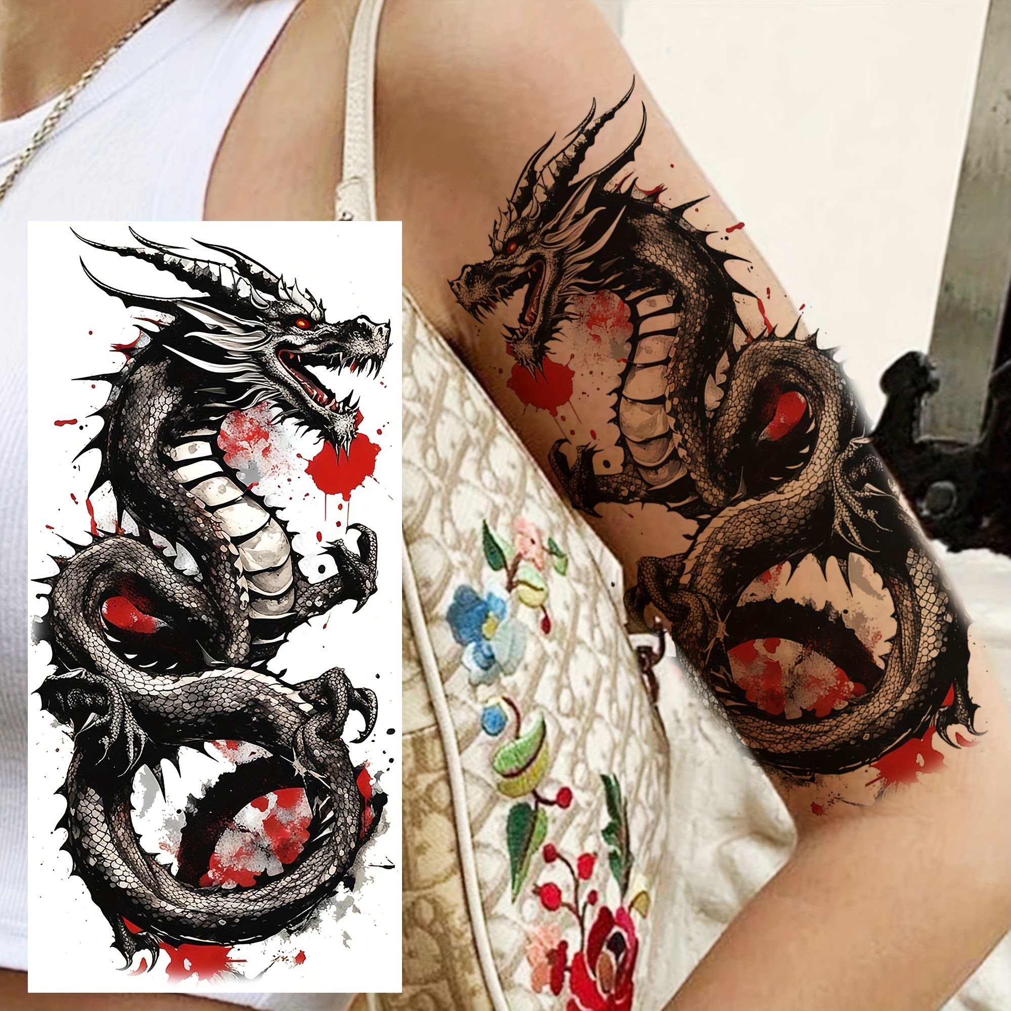 1 Sheet Dragon Temporary Tattoos For Women Men Half Sleeve Adults Arm Thigh Legs Forearm Shank, Long-lasting Fake Tattoo Stickers Temp Waterproof Realistic