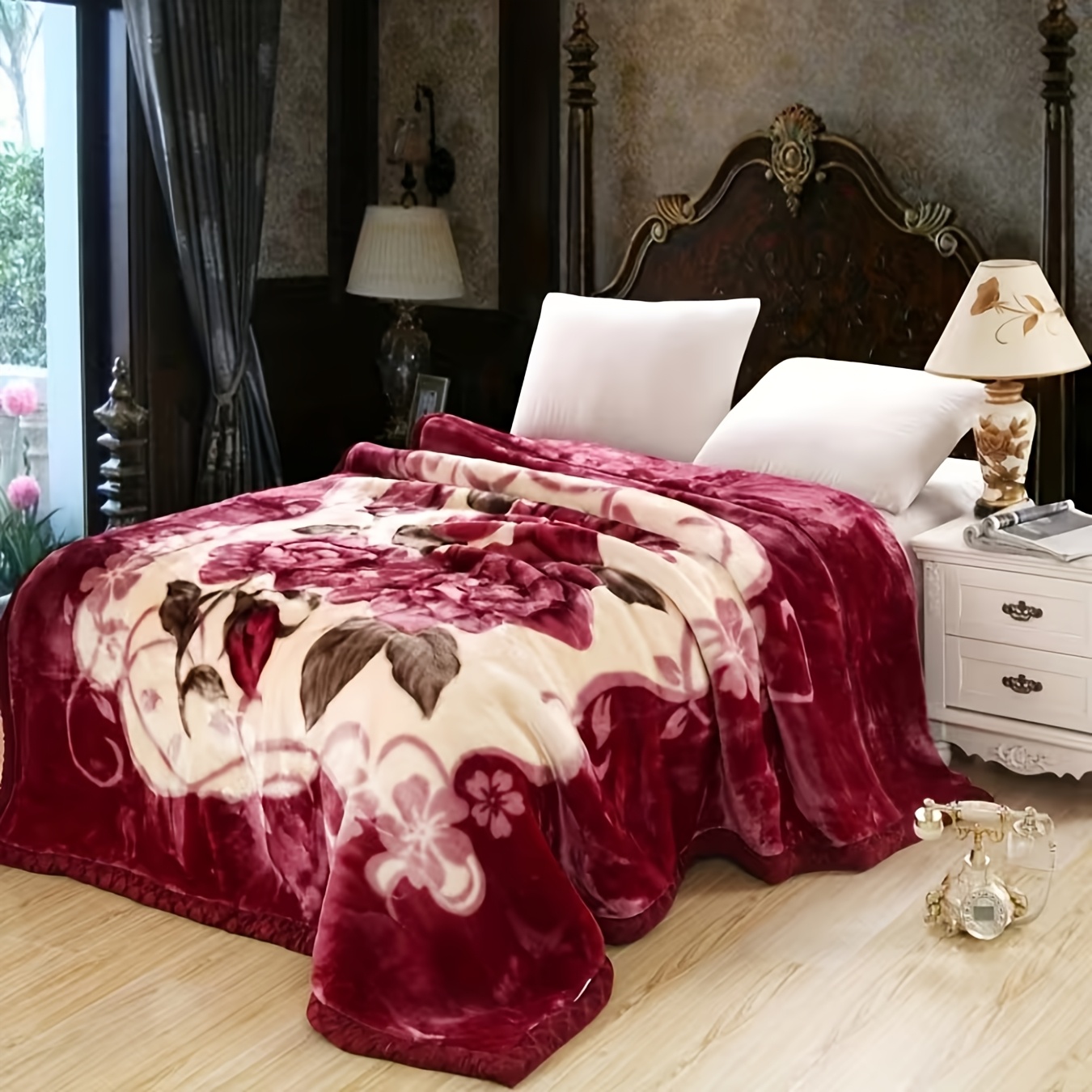 TEMU Couverture 1 pièce grande à imprimé floral rouge et crème - Flanelle toutes saisons pour camping et salon, couverture en flanelle ultra-douce,