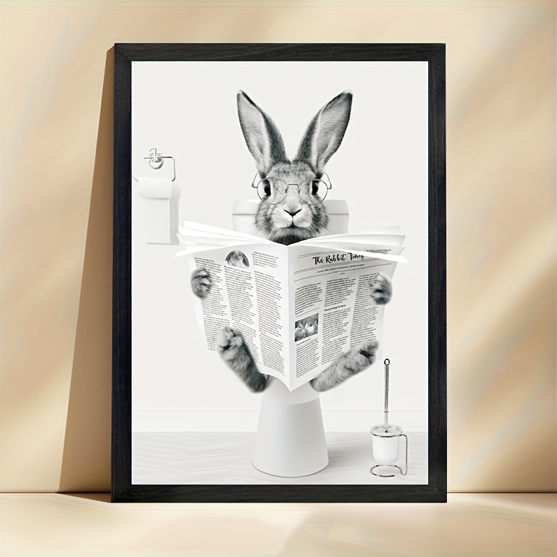 Image of 1pc Reading Newspaper - Modern Bathroom Decor Suitable For Living Room, Study - Fabric (no Frame) - Funny Animal-themed Decoration For & - Pre-stuck Adhesive Backing