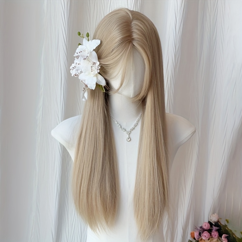 TEMU Peluca femenina de 26 pulgadas con flequillo de , pelo largo liso elegante, estilo Europa y Estados Unidos, para uso diario y fiestas, peluca