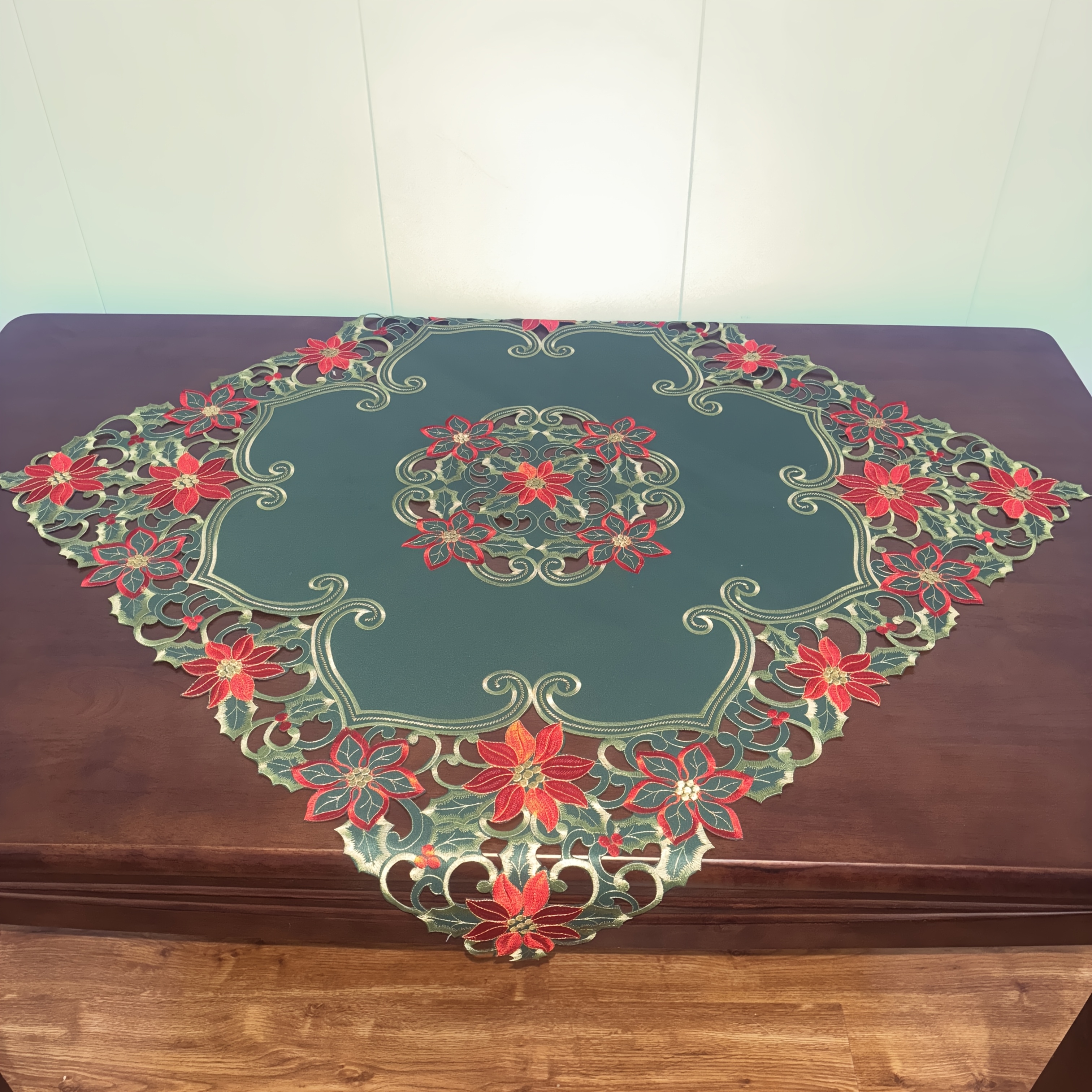 Image of Embroidered Hollowed Tablecloth, Flowers, Leaves, Christmas Holidays, Dining Tables, Parties, Winter Christmas, Home Kitchen, Dining Table Decoration, 34x34 Inches
