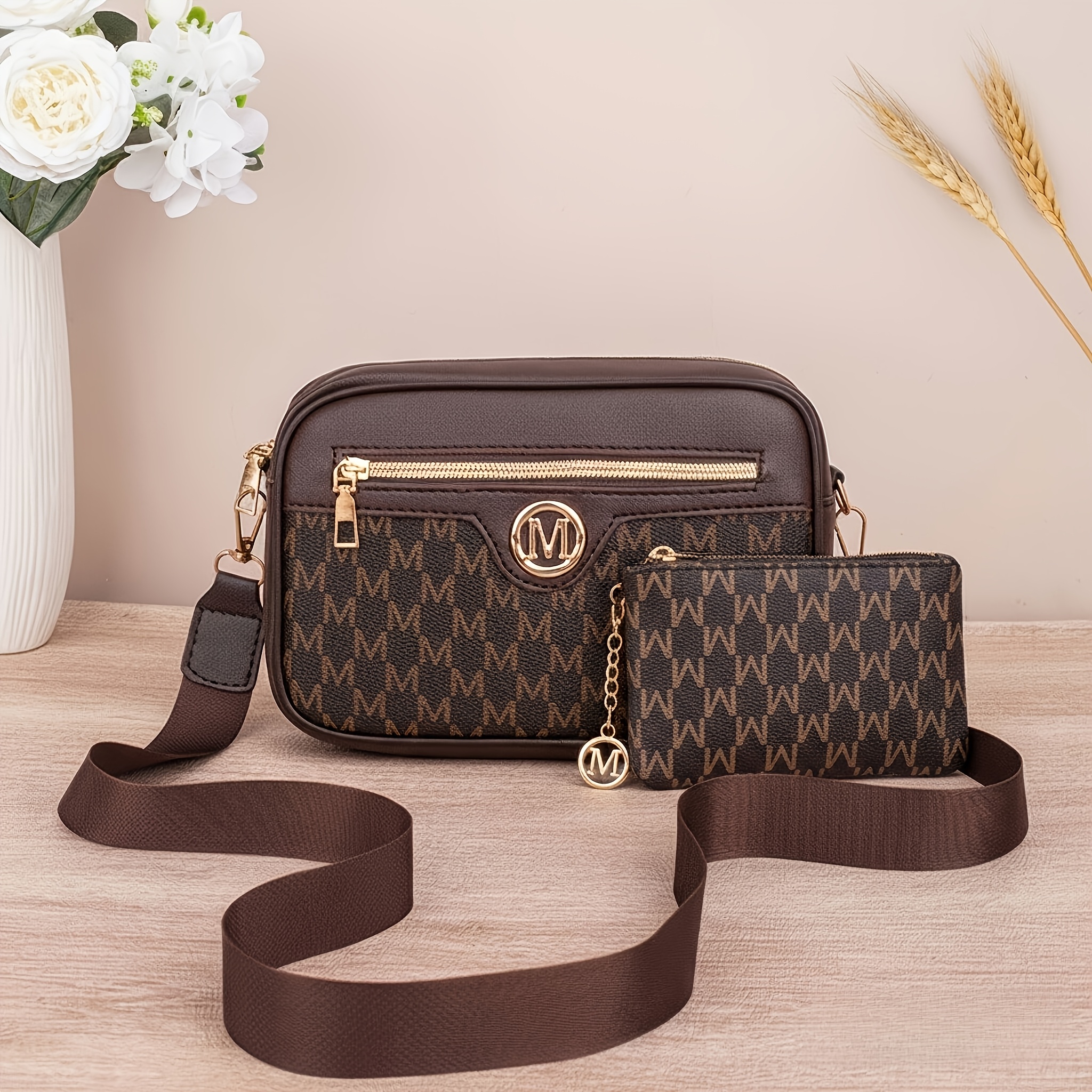 TEMU 2pcs Vintage Designer 2-in-1 Crossbody Bag & Wallet Suitable For For -, Detachable Strap, Zipper Closure, // Shoulder Bag With Wallet, Luxury