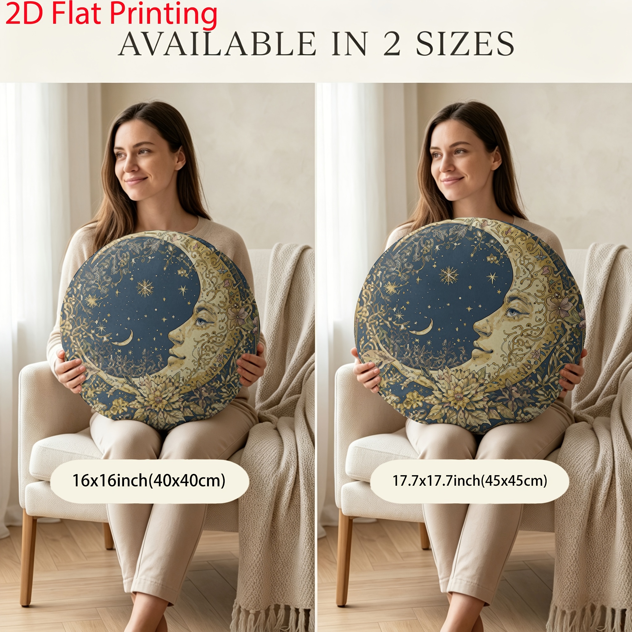 TEMU Vintage Celestial Moon Floral Round Throw Pillow, Elegant Bohemian Starry For Bedroom Sofa Living Room, Soft Stuffed Decorative Cushion For Home