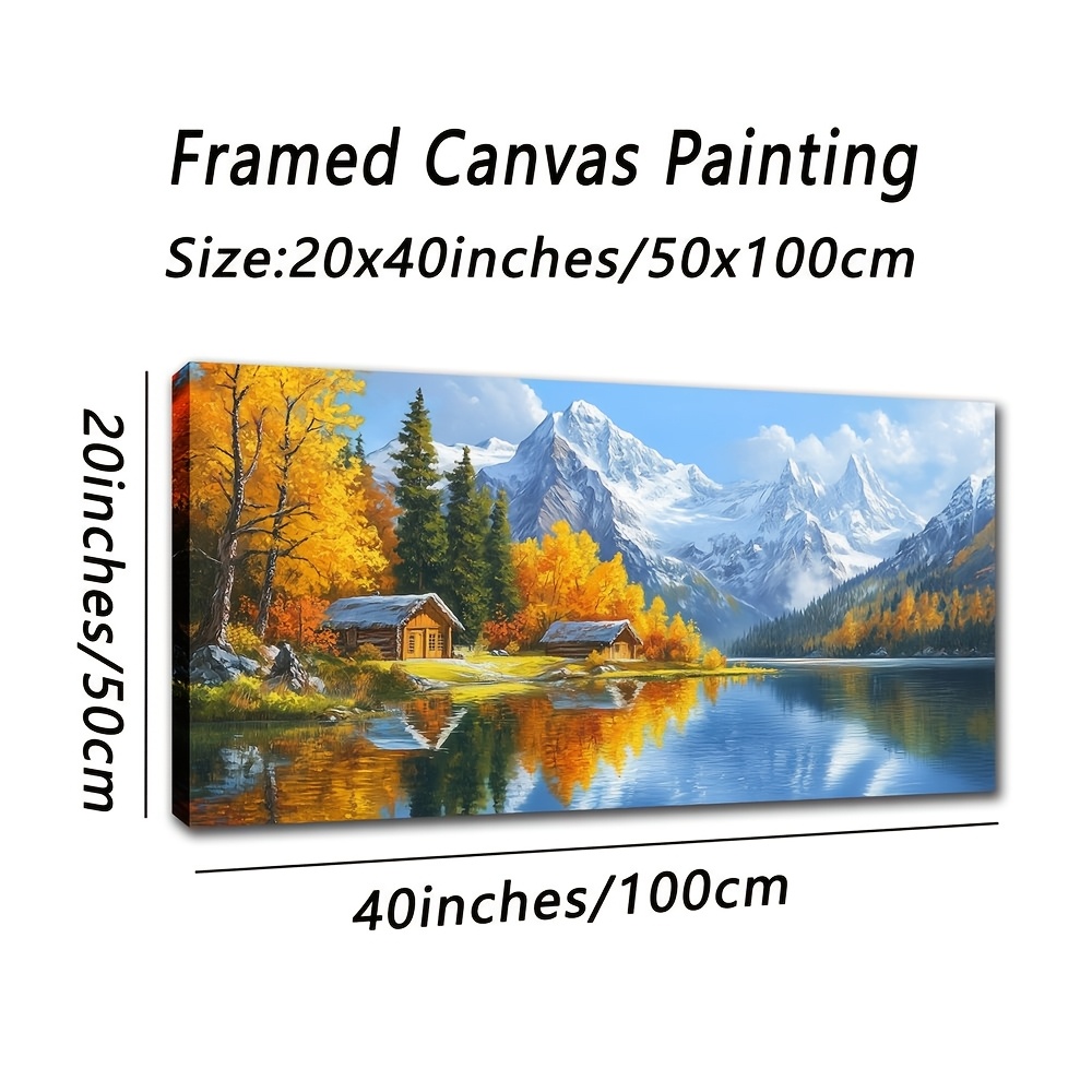 TEMU 2d Flat, 2d Flat, Large Framed Canvas Painting Of A Landscape Featuring Yellow Woods, A , And Towering Mountains, Suitable For Modern Art Decor,