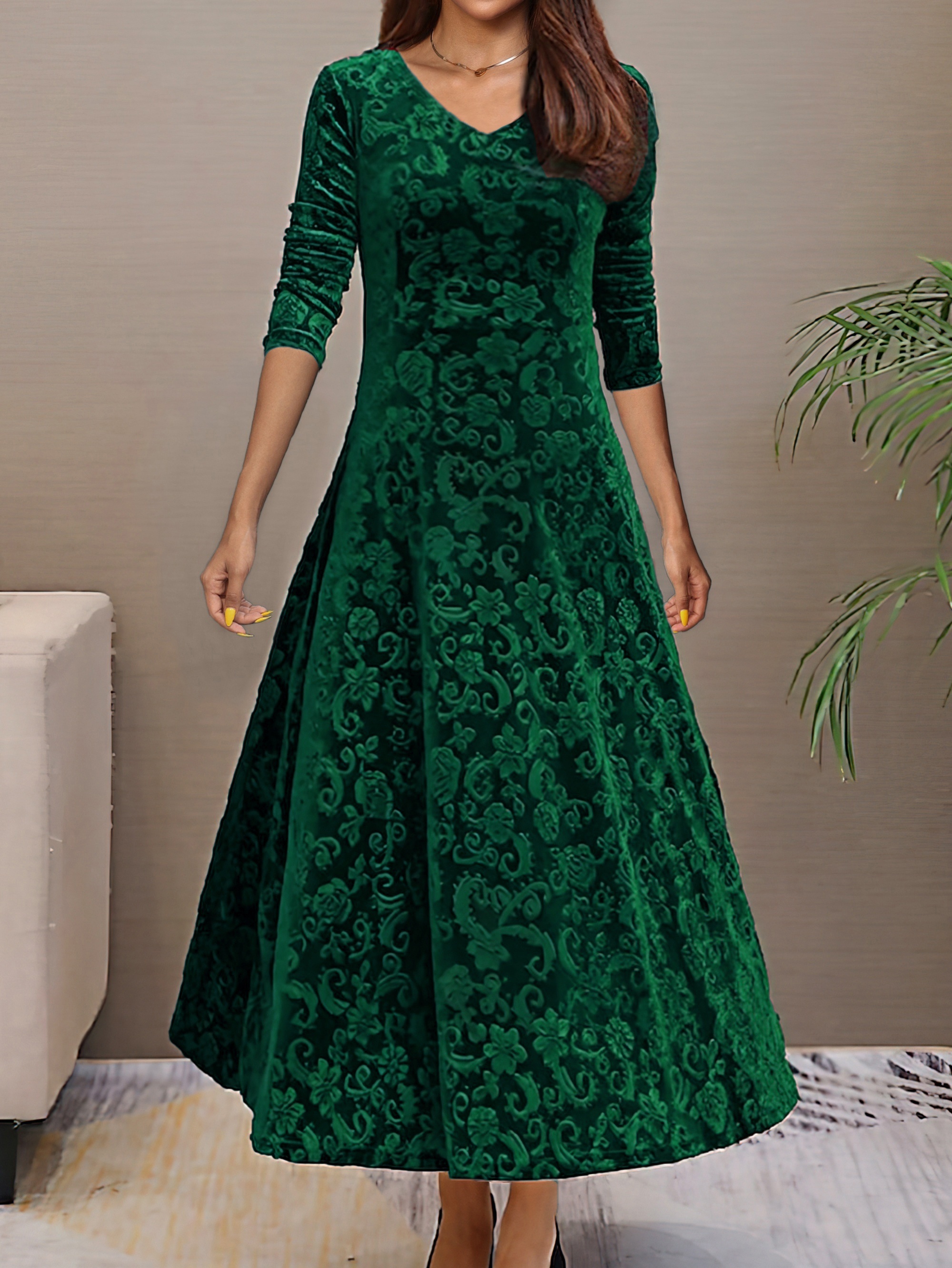 Plus Size Bloemenpatroon Fluwelen Jurk, Elegante V-hals Lange Mouwen Jurk,  Dames Plus Size Kleding