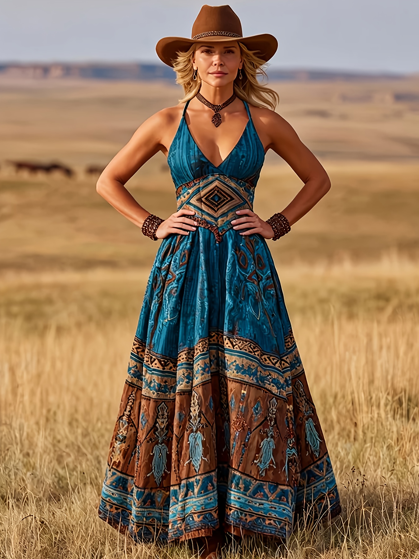 Blue-Brown Bohemian Long Dress, Western-Style Camisole Dress with Hat,  Ethnic Print Spaghetti Suspender Dress, Cowgirl Prairie Style Dress, Music  Fest