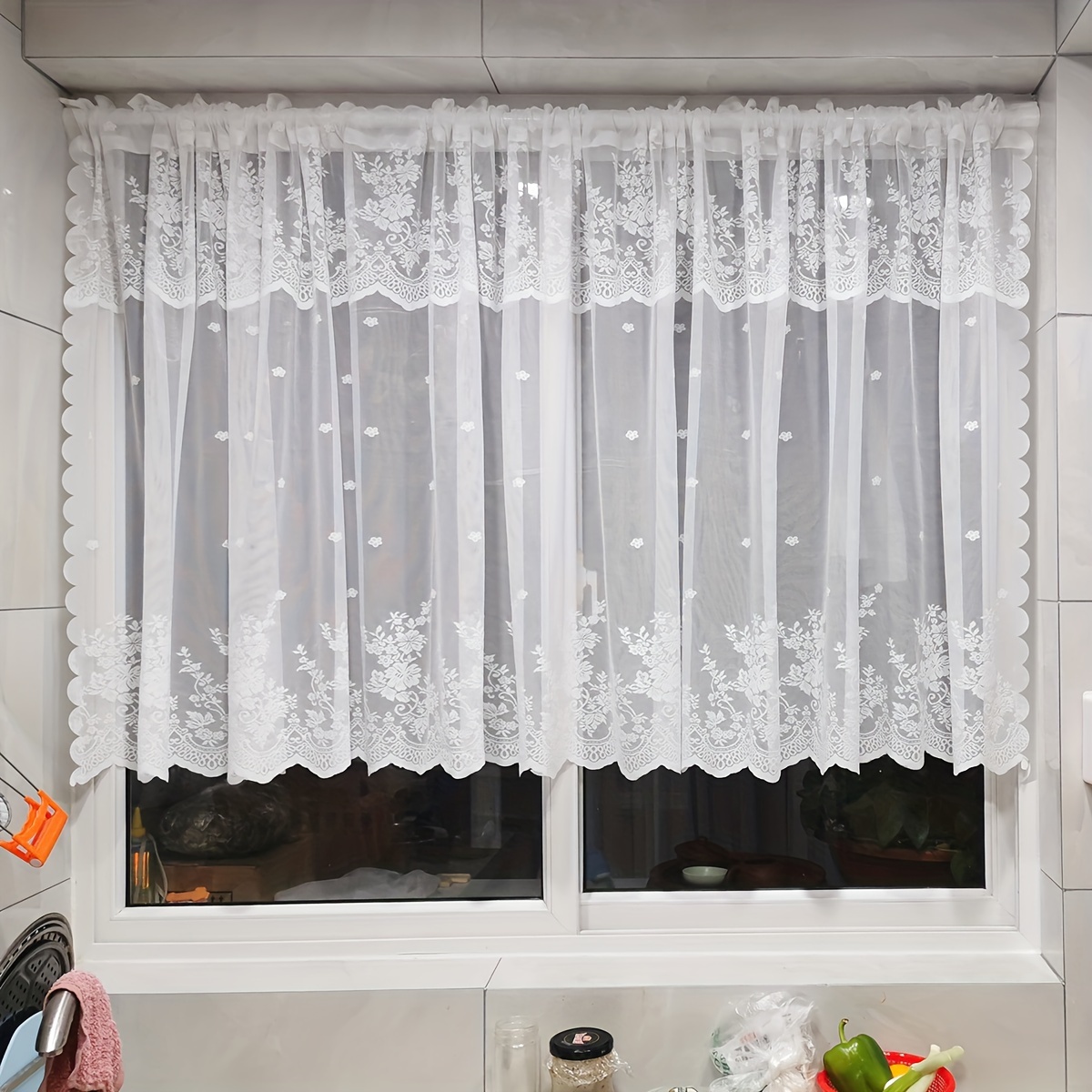 TEMU 1pc Romantic White Lace Curtain Panel, Adjustable, Washable, Floral Pattern, Suitable For Bedroom, Kitchen, Or Coffee Shop Decor