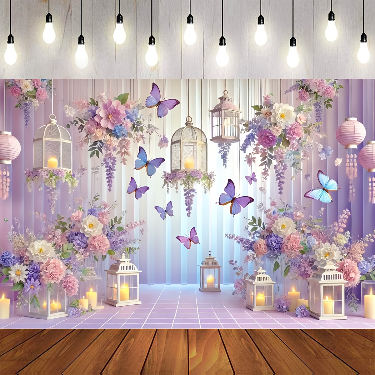 

Backdrop For And - Purple Arrangements, Decorative Lanterns, And Hanging For Photoshoots