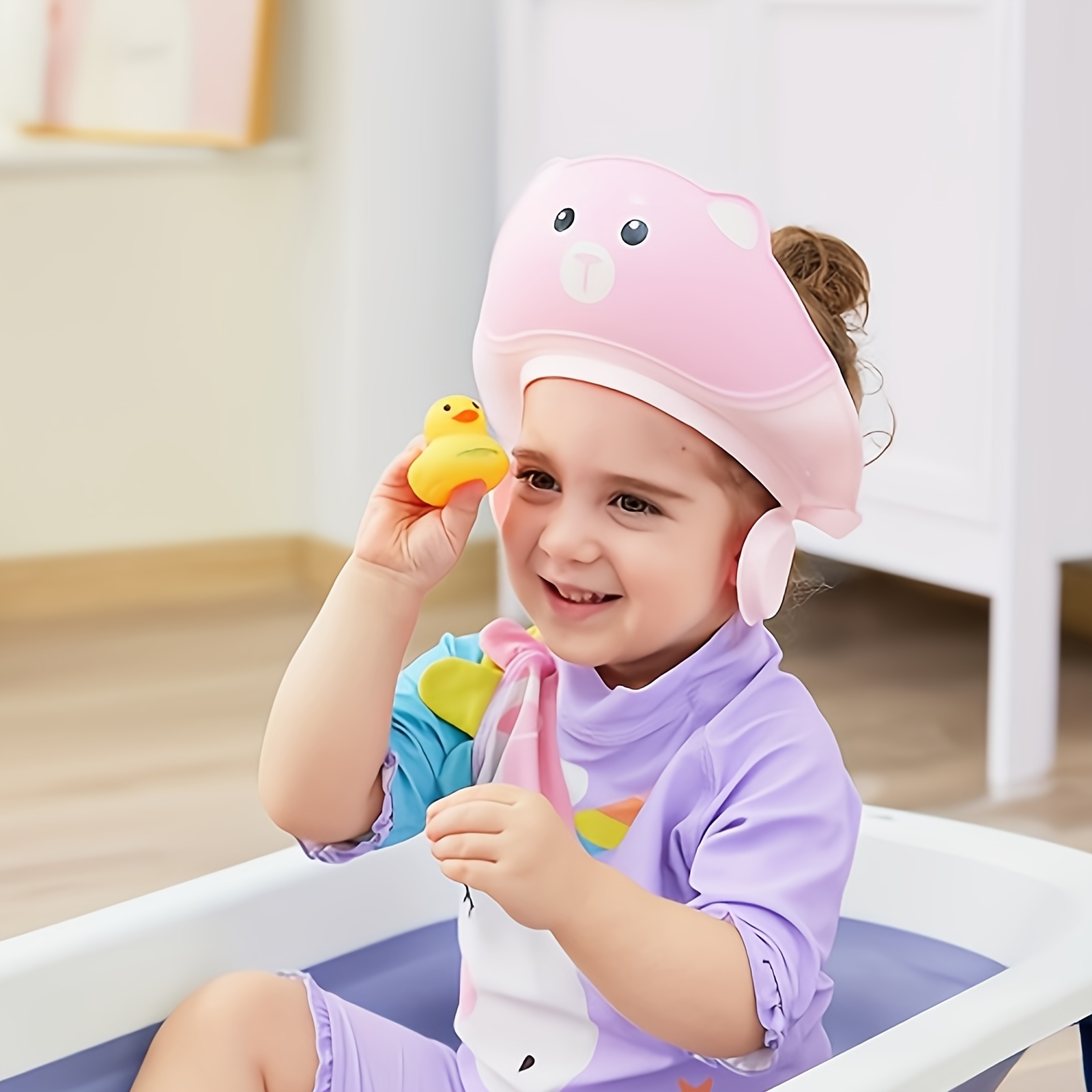 TEMU Bonnet de Bain pour Enfants Chat & Ours avec à 3 Couches & Système d'Inondation des Oreilles - Couleurs Pastel Douces (Rose, Bleu, Jaune, Blanc,