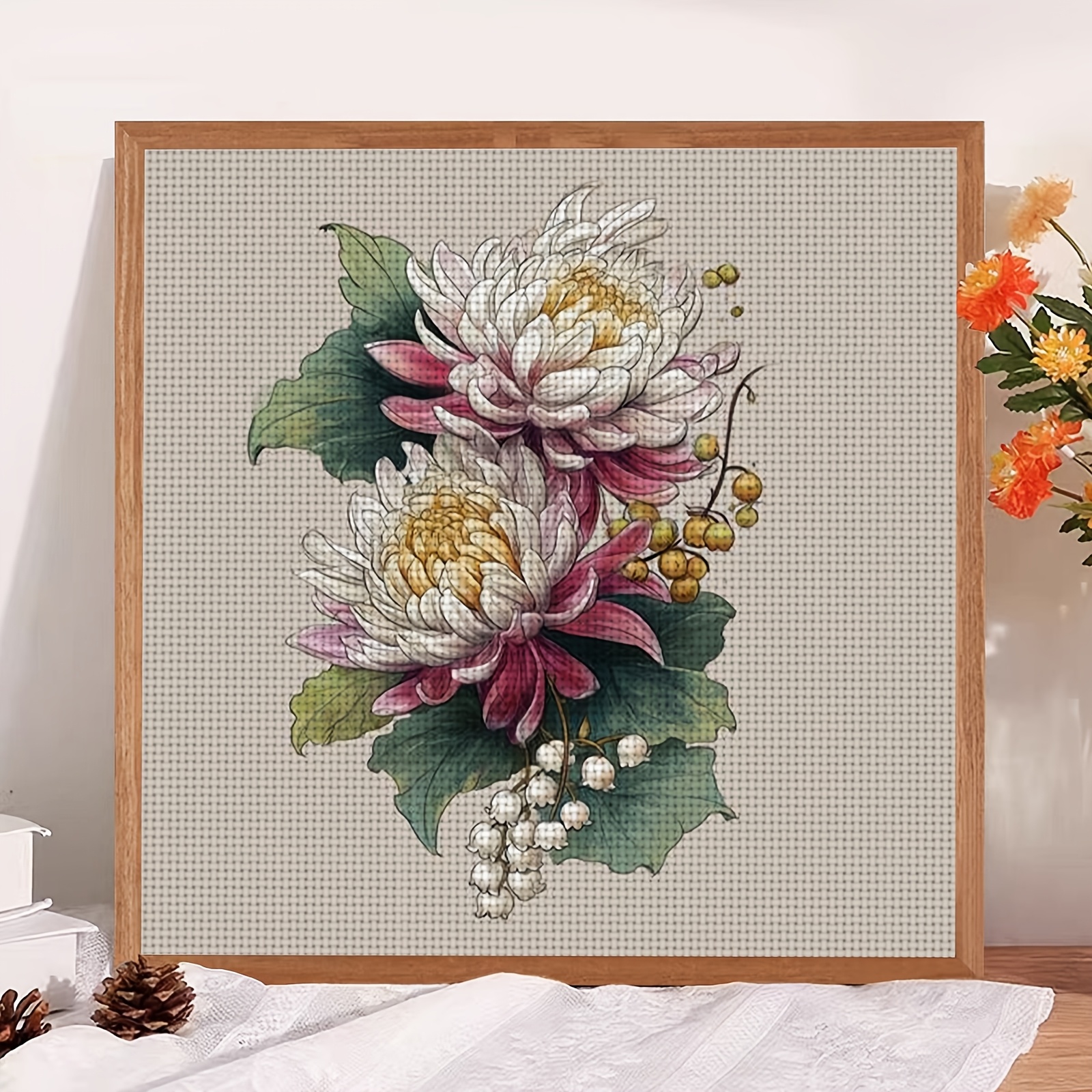 DIY Cross Stitch Print Kit, Pink and White Chrysanthemum Pattern
