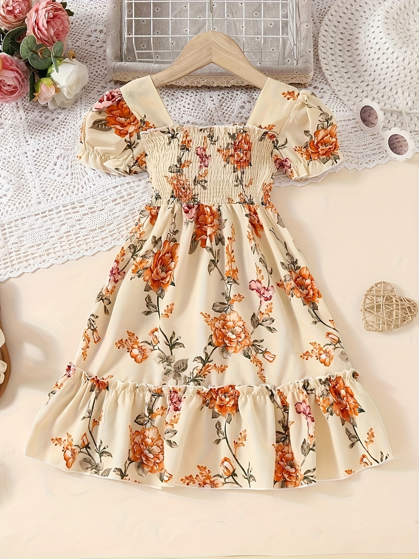 green emerald velvet dress Little Girls Cute Fall Floral Tiered Ruffle Dress main image 1